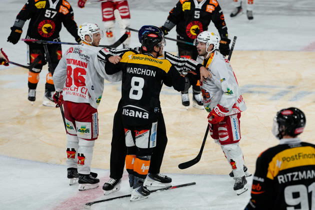 3014 Bern BE, Switzerland - October 09: Petr Cajka (73 EHCB) is fighting against Marc Marchon (8 SCB) during the National League match between SC Bern and EHC Biel-Bienne at PostFinance Arena on October 09, 2026 in 3014 Bern BE, Switzerland. Copyright: xKjetilxWaberx xSPPx Sportspressphoto_SPR249739