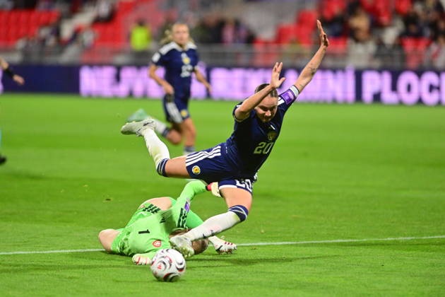 L-R Goalkeeper Barbora Votikova (CZE) and Martha Thomas (SCO) in action during the European qualifying part for 2027 Women s Football World Cup match: Czech Republic vs Scotland, in Pardubice, Czech Republic, on October 9, 2026. (CTKxPhoto JosefxVostarek) CTKPhotoP2026100908957  CTKPhotoP2026100908957