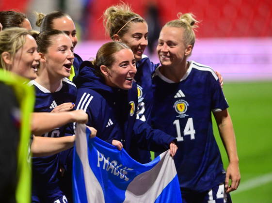 The Scottish players celebrate their victory in the European qualifying part for 2027 Women s Football World Cup match: Czech Republic vs Scotland, in Pardubice, Czech Republic, on October 9, 2026. (CTKxPhoto JosefxVostarek) CTKPhotoP2026100909011  CTKPhotoP2026100909011