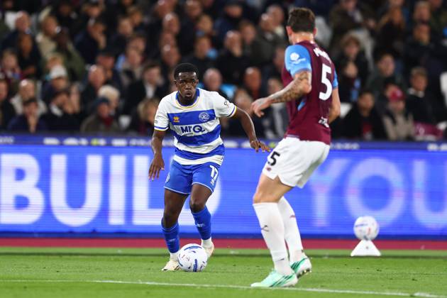 Kwame Poku of Queen Park Rangers takes on Morato of West Ham United West Ham United v Queens Park Rangers, EFL Championship, Football, London Stadium, London, UK - 09 Oct 2026London London Stadium United Kingdom EDITORIAL USE ONLY No use with unauthorised audio, video, data, fixture lists, club league logos or live services. Online in-match use limited to 120 images, no video emulation. No use in betting, games or single club league player publications. Copyright: xSimonxDael Shutterstockx 17196556am