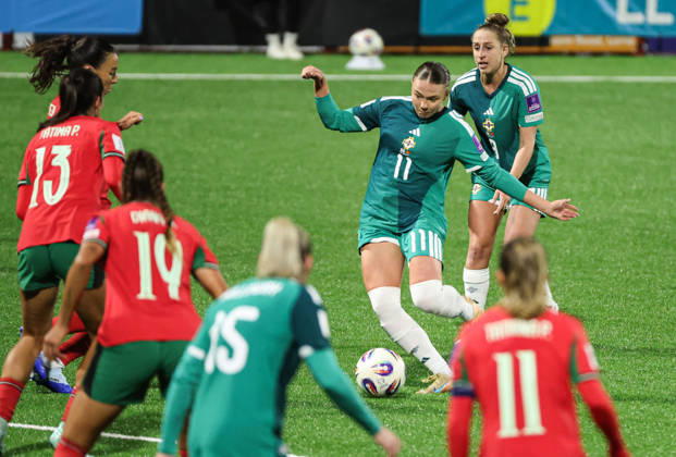 2027 FIFA Women s World Cup Round One Qualifying Play-off First Leg, Inver Park, Larne 9 10 2026 Northern Ireland vs Portugal Northern Ireland™s Kess Elmore with Portugal s Fatima Pinto Kess Elmore with Fatima Pinto 9 10 2026  Copyright: xx N Ireland v Portugal_068