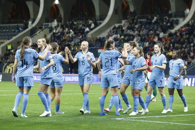 FELCSUT, 09-10-2026 , Pancho Arena, season 2026 2027 , UEFA worldcup qualification football play-offs round 1 , match between Hungary and The Netherlands (women) 1st leg final score 0-8. Pictures shows another goal celebration moment Hungary - Netherlands (women)  x208081316x Copyright: