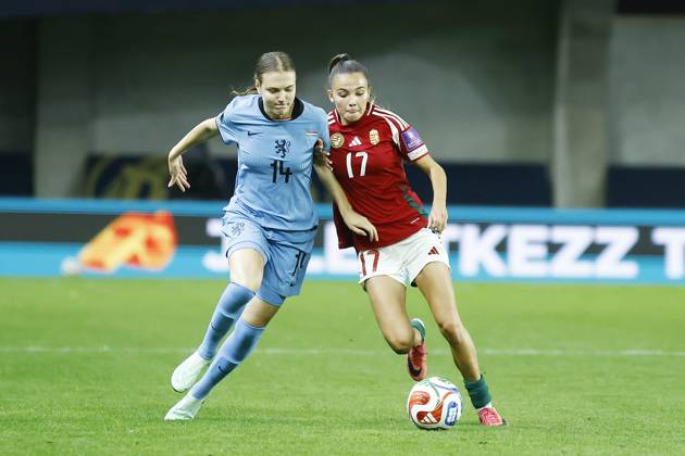 FELCSUT, 09-10-2026 , Pancho Arena, season 2026 2027 , UEFA worldcup qualification football play-offs round 1 , match between Hungary and The Netherlands (women) 1st leg final score 0-8. Pictures shows Netherlands player Lotte Keukelaar and Hungary player Borbala Vincze Hungary - Netherlands (women)  x208081329x Copyright: