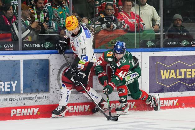 im Zweikampf, Aktion, mit Ludwig Bystroem (Fischtown Pinguins 17), Moritz Elias 46 (Augsburger Panther), Augsburger Panther vs. Fischtown Pinguins, 7. Spieltag, Eishockey, Penny-DEL, 09.10.2026 Augsburg Bayern Deutschland