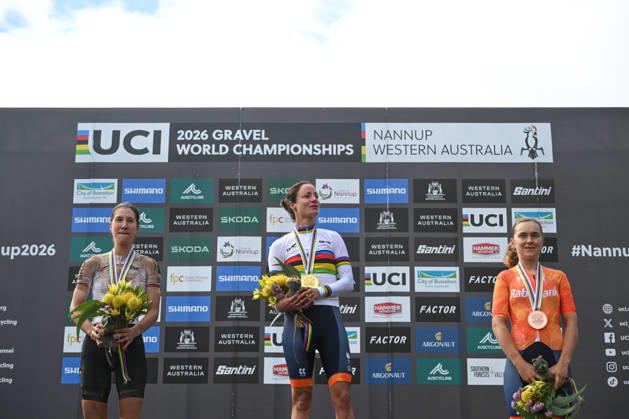 2026 UCI Gravel World Championships Picture by Zac Williams SWpix.com - 10 10 2026 - Cycling - 2026 UCI Gravel World Championships - Nannup, Western Australia, Australia - Women™s Elite Podium - Marianne Vos (Netherlands) wins the Gold Medal to become World Champion with Rosa Klöser (Germany) receiving the Silver Medal and Larissa Hartog (Netherlands) receiving the Bronze Medal Copyright: x xSWpix.comx(t axPhotographyxHubxLtd)xZacxWilliams SWpix.comx SWP-3030-24174