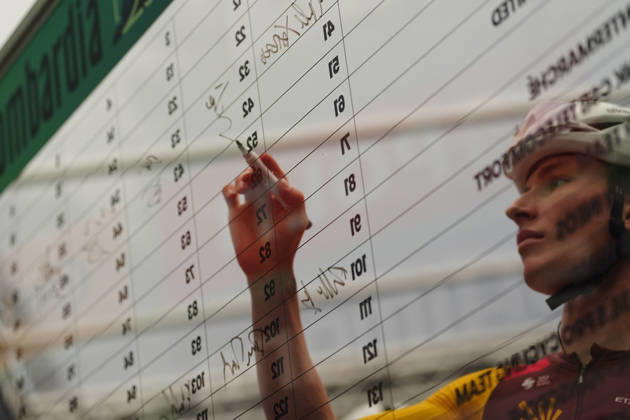 Sign the sheetduring the 120th edition of the Il Lombardia, Tour of Lombardy cycling race, a 239 km one day race from Bergamo to Como on October 10, 2026, Italy.  Copyright: xGianxMattiaxD™Alberto LaPressex
