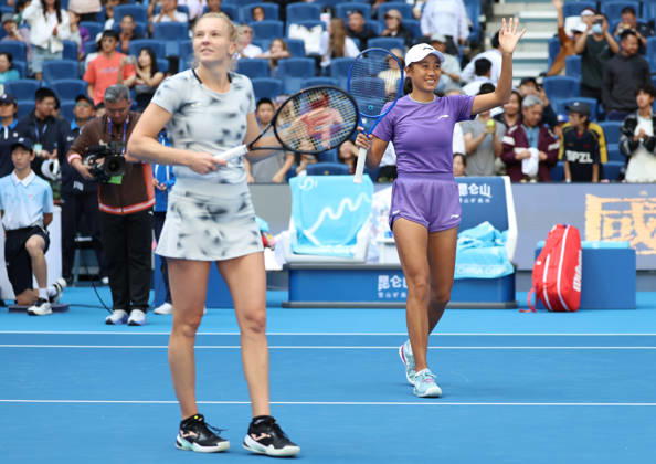 (261010) -- BEIJING, Oct. 10, 2026 -- Katerina Siniakova Zhang Shuai (R) greet spectators after winning the women s doubles semifinal match between Katerina Siniakova (the Czech Republic) Zhang Shuai (China) and Erin Routliffe (New Zealand) Aldila Sutjiadi (Indonesia) at 2026 China Open tennis tournament in Beijing, China, Oct. 10, 2026. ) (SP)CHINA-BEIJING-TENNIS-CHINA OPEN-WOMEN S DOUBLES (CN) ZhangxChenlin