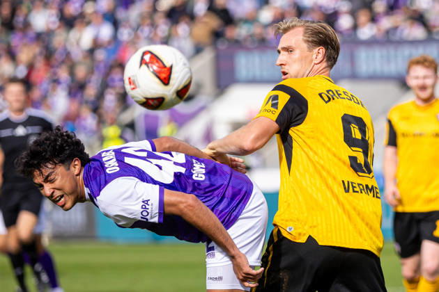 (L-R) Jonathan Gomez (VfL Osnabrueck, 42) im Zweikampf mit Vincent Vermeij (SG Dynamo Dresden, 09) GER, VfL Osnabrueck vs. SG Dynamo Dresden, Fussball, 2. Bundesliga, 7. Spieltag, Spielzeit 2026 2027, 10.10.2026 DFL Regulations prohibit any use of photographers as image sequences and or quasi-video. GER, VfL Osnabrueck vs. SG Dynamo Dresden, Fussball, 2. Bundesliga, 7. Spieltag, Spielzeit 2026 2027, 10.10.2026 Osnabrueck Copyright: xEibner-Pressefoto JanxRollingerx EP_JSK