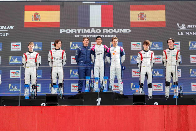 AUTO - MLC 2026 - PORTIMAO 85 FROST Danial (sgp), PEUGEOT Enzo (fra), R-ace GP, Duqueine D09 - Toyota, LMP3, 12 ROGEON Arthur (fra), RABER August (uae), Brutal Fish Campos Racing, Ligier JS P325 - Toyota, LMP3, 19 RYBA Matus (svk), FLUXÃÄ CROSS Lucas (esp), Brutal Fish Campos Racing, Ligier JS P325 - Toyota, LMP3, podium, portrait celebration during the 6th round of the 2026 Michelin Le Mans Cup on the Autodromo Internacional do Algarve from October 8 to 10, 2026 in Portimao, Portugal - PortimaoPortugal Copyright: xPauloxMariax