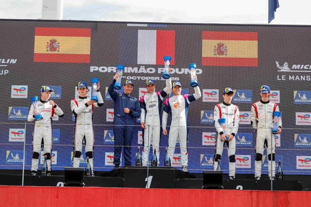 AUTO - MLC 2026 - PORTIMAO 85 FROST Danial (sgp), PEUGEOT Enzo (fra), R-ace GP, Duqueine D09 - Toyota, LMP3, 12 ROGEON Arthur (fra), RABER August (uae), Brutal Fish Campos Racing, Ligier JS P325 - Toyota, LMP3, 19 RYBA Matus (svk), FLUXÃÄ CROSS Lucas (esp), Brutal Fish Campos Racing, Ligier JS P325 - Toyota, LMP3, podium, portrait celebration during the 6th round of the 2026 Michelin Le Mans Cup on the Autodromo Internacional do Algarve from October 8 to 10, 2026 in Portimao, Portugal - PortimaoPortugal Copyright: xPauloxMariax