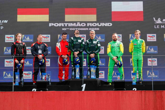 AUTO - MLC 2026 - PORTIMAO 71 AUST Stefan (ger), FERNANDEZ-LASER Felipe (ger), Rinaldi Racing, Ligier JS P325 - Toyota, LMP3 Pro Am, 66 PARROW Steve (ger), PEDERSEN Mikkel Gaarde (den), Rinaldi Racing, Ligier JS P325 - Toyota, LMP3 Pro Am, 34 BUKHANTSOV Alexander (uae), WINSLOW James (aus), Inter Europol Competition, Ligier JS P325 - Toyota, LMP3 Pro Am, podium, portrait celebration during the 6th round of the 2026 Michelin Le Mans Cup on the Autodromo Internacional do Algarve from October 8 to 10, 2026 in Portimao, Portugal - PortimaoPortugal Copyright: xPauloxMariax