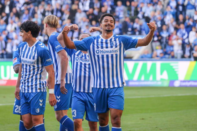 10.10.2026, xgox, Fussball - 2.Bundesliga 1.FC Magdeburg - Hannover 96 emspor, v.l. Jubel nach dem 2:0 durch Emmanuel Iyoha (Magdeburg, 8) (DFL DFB REGULATIONS PROHIBIT ANY USE OF PHOTOGRAPHS as IMAGE SEQUENCES and or QUASI-VIDEO) Magdeburg