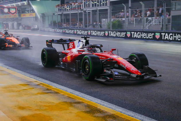 RECORD DATE NOT STATED 10th October 2026; Marina Bay, Singapore; Formula 1, Singapore Grand Prix, Sprint Race and Qualifying Day; Charles Leclerc (16) of Monaco and Scuderia Ferrari HP is close behind Lewis Hamilton (44) of Great Britain and Scuderia Ferrari HP DavidxAsh