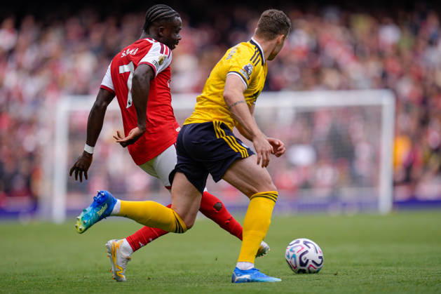 10th October 2026; Emirates Stadium, London, England; Premier League Football, Arsenal versus Leeds United; Bukayo Saka of Arsenal makes a pass TomxMajor