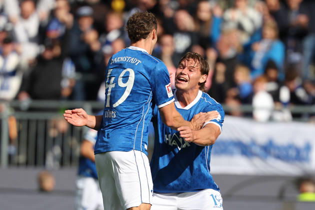 2026.10.10 Fussball 2.Bundesliga SV Darmstadt 98 - Energie Cottbus v.l., Yannik Luehrs (SV Darmstadt 98) and Fynn Luca Lakenmacher (SV Darmstadt 98) seen celebrating after scoring goal to 3:1 Copyright: HMBxMedia JoaquimxFerreira