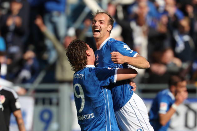 2026.10.10 Fussball 2.Bundesliga SV Darmstadt 98 - Energie Cottbus v.l., Fynn Luca Lakenmacher (SV Darmstadt 98) and Yannik Luehrs (SV Darmstadt 98) seen celebrating after scoring goal to 3:1 Copyright: HMBxMedia JoaquimxFerreira