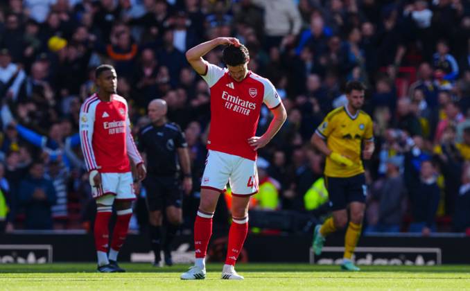 Declan Rice of Arsenal reacts after James Justin of Leeds United scored the opening goal Arsenal v Leeds United, Premier League, Football, Emirates Stadium, London, UK - 10 Oct 2026London Emirates Stadium United Kingdom EDITORIAL USE ONLY No use with unauthorised audio, video, data, fixture lists, club league logos or live services. Online in-match use limited to 120 images, no video emulation. No use in betting, games or single club league player publications. Copyright: xJavierxGarcia Shutterstockx 17204400x