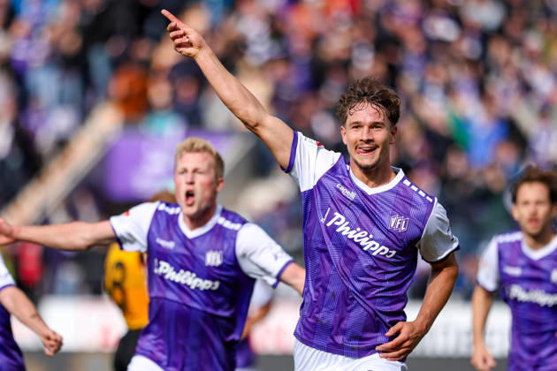 2026.10.10, xkwix, Fußball, 2. Bundesliga, VfL Osnabrück - SG Dynamo Dresden, Stadion an der Bremer Brücke, 7.Spieltag, Saison 2026 2027: Torjubel von Robin Fabinski (VfL Osnabrueck 27) nach Tor zum 1:1 DFB regulations prohibit any use of photographs as image sequences and or quasi-video. Photo: xKamilxWilkowskixPressefotoKochx Niedersachsen Deutschland