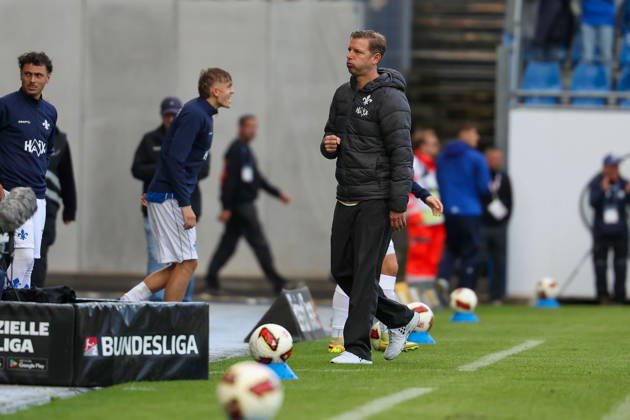 2026.10.10 Fussball 2.Bundesliga SV Darmstadt 98 - Energie Cottbus v.l., head coach Florian Kohfeldt (SV Darmstadt 98) seen celebrating after the victory Copyright: HMBxMedia JoaquimxFerreira