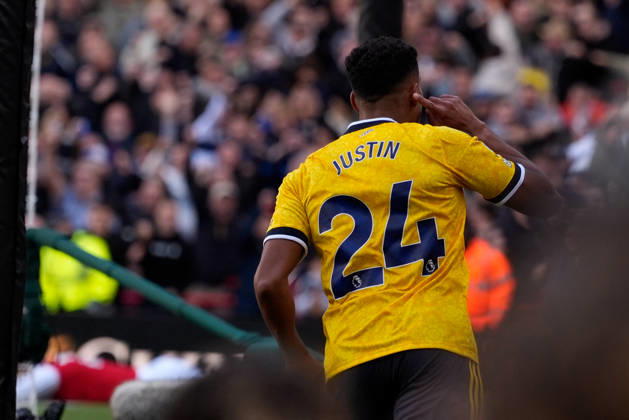 10th October 2026; Emirates Stadium, London, England; Premier League Football, Arsenal versus Leeds United; James Justin of Leeds United runs away to celebrate after opening the scoring to make it 1-0 TomxMajor