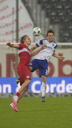 10.10.2026, Hänsch-Arena, Meppen, GER, 3. Liga, 9. Spieltag: SV Meppen vs VfB Stuttgart II, Kopfballduell zwischen Luis Sprekelmeyer (SV Meppen 19) und Tim van der Leij (VfB Stuttgart II 9) DFL REGULATIONS PROHIBIT ANY USE OF PHOTOGRAPHS AS IMAGE SEQUENCES AND OR QUASI-VIDEO. Meppen Niedersachsen Hänsch-Arena