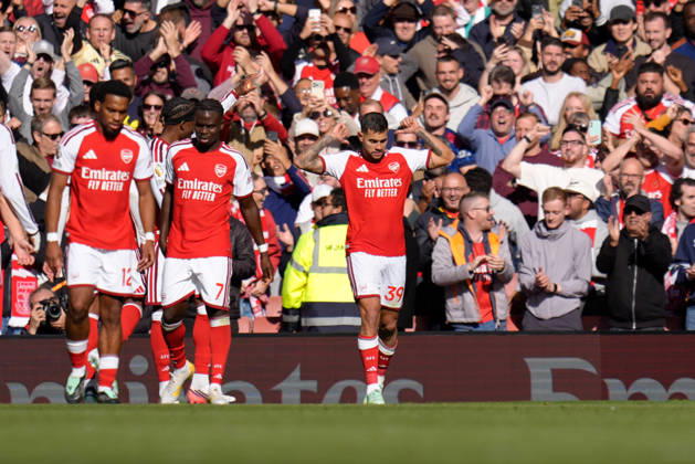 10th October 2026; Emirates Stadium, London, England; Premier League Football, Arsenal versus Leeds United; Bruno Guimaraes of Arsenal celebrates point to the back of his shirt after scoring to make it 2-1 in the 70th minute TomxMajor