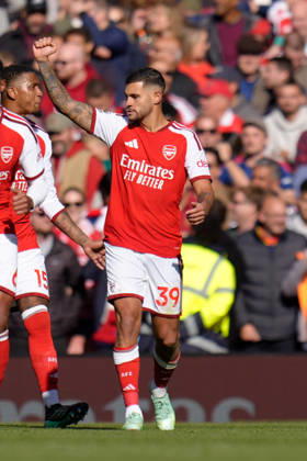 10th October 2026; Emirates Stadium, London, England; Premier League Football, Arsenal versus Leeds United; Bruno Guimaraes of Arsenal celebrates with supporters after scoring to make it 2-1 in the 70th minute TomxMajor