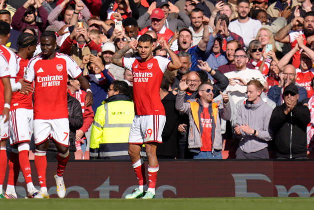 10th October 2026; Emirates Stadium, London, England; Premier League Football, Arsenal versus Leeds United; Bruno Guimaraes of Arsenal celebrates point to the back of his shirt after scoring to make it 2-1 in the 70th minute TomxMajor