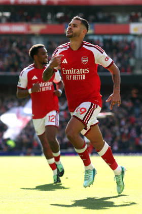 Arsenal v Leeds United 10 October 2026, London - Premier League Football - Arsenal v Leeds United - Bruno Guimaraes of Arsenal celebrates after scoring the second goal for his team - Photo: Charlotte Wilson Offside. London UK Copyright: xCharlottexWilsonx xOffsidexOffside