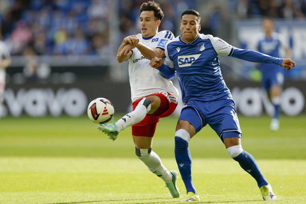 v.l.n.r.: Nicolás Capaldo (HSV) und Adam Daghim (TSG Hoffenheim), im Bundesliga-Spiel zwischen der TSG 1899 Hoffenheim und dem Hamburger SV in der PreZero Arena, Sinsheim, Deutschland, am 10. Oktober 2026. in action during the Bundesliga match between TSG 1899 Hoffenheim and Hamburger SV at the PreZero Arena, Sinsheim, Germany, on October 10, 2026. DFB DFL REGULATIONS PROHIBIT ANY USE OF PHOTOGRAPHS AS IMAGE SEQUENCES AND OR QUASI-VIDEO, Copyright: HMBxMedia xHeikoxBecker