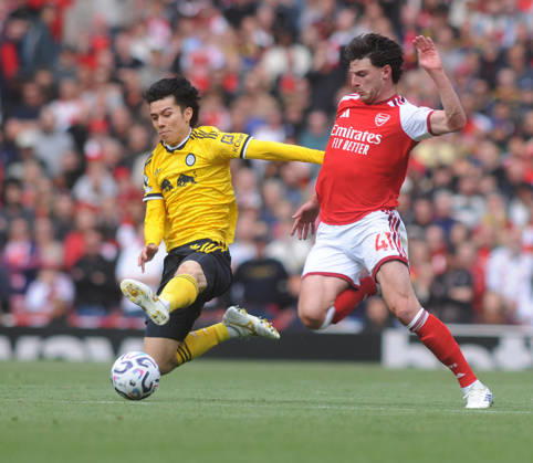 Football - 2026 2027 Premier League - Arsenal vs Leeds United - Emirates Stadium - Saturday 10th October 2026 Declan Rice of Arsenal and Ao Tanaka of Leeds 