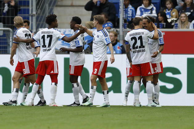 Jubel nach dem Tor zum 0:1, jubelnd, bejubelt, jubelt, jubeln, Cheers after the goal, cheering, celebrated, cheers, cheering, emotions um den Torschuetze, Scorer Yussuf Poulsen (HSV), im Bundesliga-Spiel zwischen der TSG 1899 Hoffenheim und dem Hamburger SV in der PreZero Arena, Sinsheim, Deutschland, am 10. Oktober 2026. in action during the Bundesliga match between TSG 1899 Hoffenheim and Hamburger SV at the PreZero Arena, Sinsheim, Germany, on October 10, 2026. DFB DFL REGULATIONS PROHIBIT ANY USE OF PHOTOGRAPHS AS IMAGE SEQUENCES AND OR QUASI-VIDEO, Copyright: HMBxMedia xHeikoxBecker