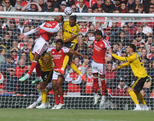 Football - 2026 2027 Premier League - Arsenal vs Leeds United - Emirates Stadium - Saturday 10th October 2026 Dominic Clvert - Lewin of leeds rises above the Arsenal defence of Gabriel, Myles Lewis - Skelly and Ben White 