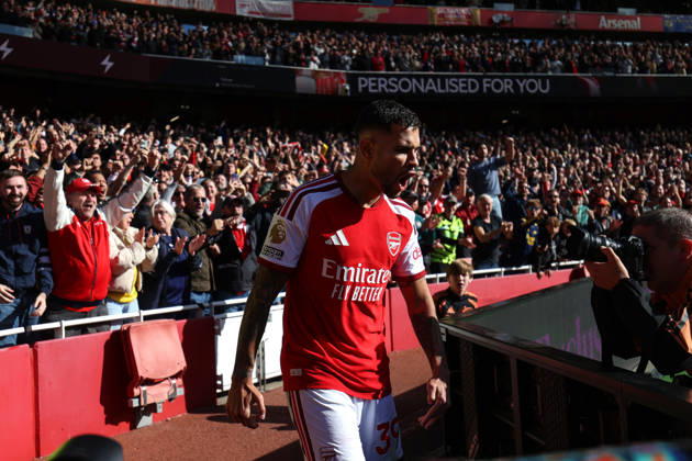 Arsenal v Leeds United 10 October 2026, London - Premier League Football - Arsenal v Leeds United - Bruno Guimaraes of Arsenal celebrates scoring their 2nd goal - Photo: Charlotte Wilson Offside. London UK Copyright: xCharlottexWilsonx xOffsidexOffside