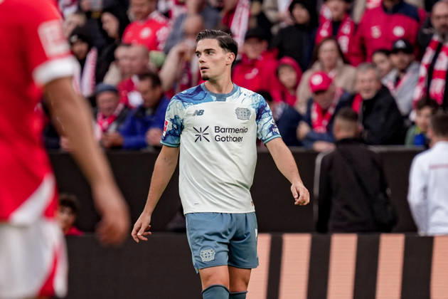 Deutschland: Fussball Saison 2026 2027 , 1. Bundesliga , 5. Spieltag , 1. FSV Mainz 05 vs. Bayer 04 Leverkusen - MEWA-Arena (Mainz) : Miguel GutiÃ rrez Miguel Gutierrez (Bayer 04 Leverkusen, 3) Mimik, Gesichtsausdruck, Emotion Mainz MEWA-Arena Deutschland Germany Copyright: xBennetxLongx