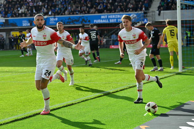 Paderborn, Home-Deluxe-Arena, 10.10.26, GER, Herren, 1.Bundesliga, Saison 2026-2027, SC Paderborn 07 - VfB Stuttgart Bild: Julian CHABOT (Stuttgart) jubelt nach seinem Tor zum 0:1 DFL regulations prohibit any use of photographs as image sequences and or quasi-video. Nordrhein-Westfalen Deutschland