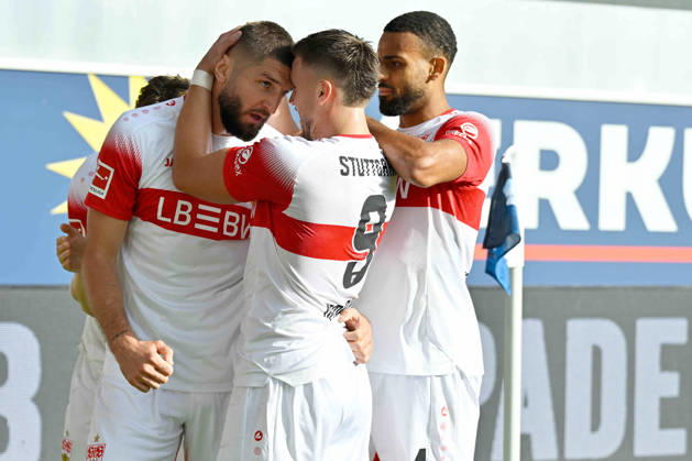 Paderborn, Home-Deluxe-Arena, 10.10.26, GER, Herren, 1.Bundesliga, Saison 2026-2027, SC Paderborn 07 - VfB Stuttgart Bild: Julian CHABOT (Stuttgart) jubelt nach seinem Tor zum 0:1 DFL regulations prohibit any use of photographs as image sequences and or quasi-video. Nordrhein-Westfalen Deutschland