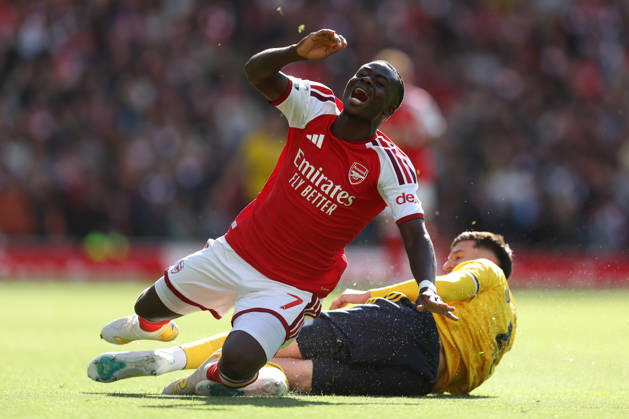 Arsenal v Leeds United 10 October 2026, London - Premier League Football - Arsenal v Leeds United - Tarik Muharemovic of Leeds United fouls Bukayo Saka of Arsenal - Photo: Charlotte Wilson Offside. London UK Copyright: xCharlottexWilsonx xOffsidexOffside