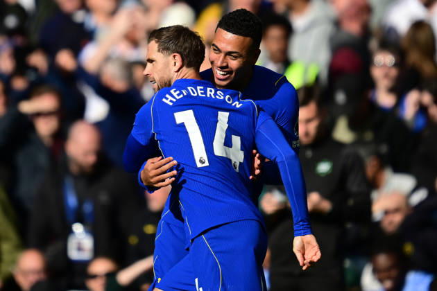 Chelsea v Bournemouth, Premier League GOAL Chelsea midfielder Jordan Henderson (14) scores a goal and celebrates with Chelsea midfielder Morgan Rogers (17) 1-0 during the Premier League match between Chelsea and Bournemouth at Stamford Bridge, London, UK on 10 October 2026. London Stamford Bridge Greater London UK Editorial use only DataCo restrictions apply See www.football-dataco.com , Copyright: xDennisxGoodwinx PSI-24979-0013