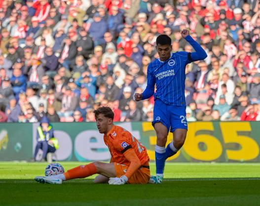 Sunderland v Brighton, Premier League, Football, Stadium Of Light, Sunderland UK - 10 Oct 2026 Diego Gomez of Brighton & Hove Albion Football Club shoots and Robin Roefs of Sunderland Association Football Club saves a shot Sunderland Stadium Of Light Tyne and Wear UK, UK NEWSPAPERS OUT Copyright: xAdamxCookx
