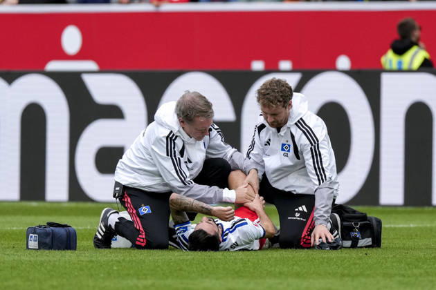Fabio Vieira (HSV, 20) am Boden und muss behandelt werden, verletzt, Verletzung, Verletzungspause, Action, Aktion, Spielszene, 10.10.2026, Sinsheim (Deutschland), Fussball, Bundesliga, TSG 1899 Hoffenheim - Hamburger SV, DFB DFL REGULATIONS PROHIBIT ANY USE OF PHOTOGRAPHS AS IMAGE SEQUENCES AND OR QUASI-VIDEO.