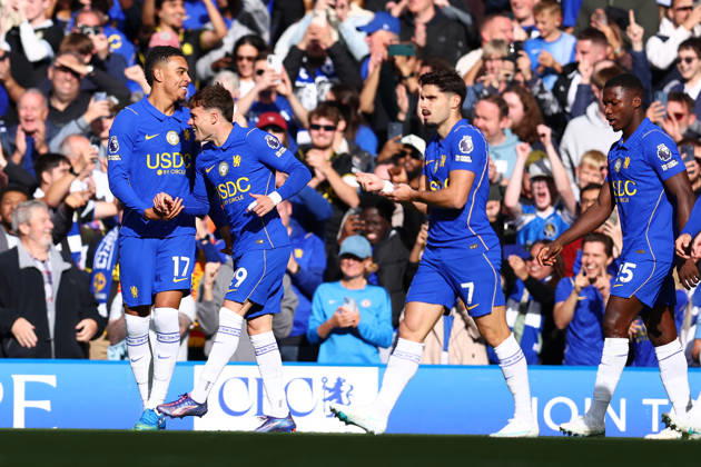 London, England, 10th October 2026. Morgan Rogers (L) of Chelsea celebrates after scoring to make it 2-0 during the Chelsea vs AFC Bournemouth Premier League match at Stamford Bridge, London. Picture credit should read: Paul Terry Sportimage EDITORIAL USE ONLY. No use with unauthorised audio, video, data, fixture lists, club league logos or live services. Online in-match use limited to 120 images, no video emulation. No use in betting, games or single club league player publications. SPI_018_PT_Chelsea_Bournemouth SPI-5060-0018