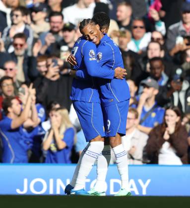 Premier League - Chelsea v AFC Bournemouth LONDON, ENGLAND, OCTOBER 10: GOAL 2-0, Morgan Rogers of Chelsea goal celebration with Joao Pedro of Chelsea after scoring a goal to make the score 2-0 during The Premier League match between Chelsea v AFC Bournemouth at Stamford Bridge Stadium, London, England, on October 10. (Photo by Daniel Weir) London Stamford Bridge Stadium England Copyright: xDanielxWeir SportsxPressxPhotox Sportspressphoto_SPR250771