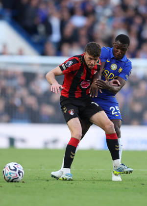 10th October 2026; Stamford Bridge, London, England; Premier League Football, Chelsea versus Bournemouth; Moises Caicedo of Chelsea challenges Ryan Christie of AFC Bournemouth JohnxPatrickxFletcher