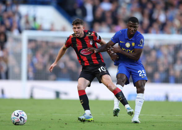 10th October 2026; Stamford Bridge, London, England; Premier League Football, Chelsea versus Bournemouth; Ryan Christie of AFC Bournemouth under pressure from Moises Caicedo of Chelsea JohnxPatrickxFletcher
