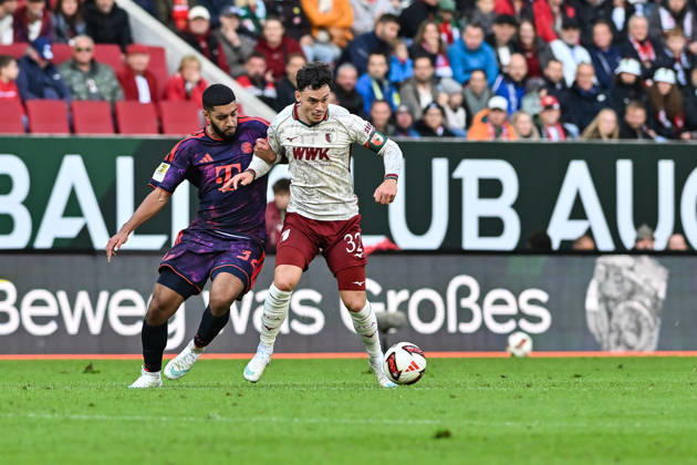 AUGSBURG, GERMANY; 10. OCTOBER: tackle between Ismael SAIBARI (FC Bayern Munich 34) and Fabian RIEDER (FC Augsburg 32) during the Bundesliga Match between FC Augsburg vs. FC Bayern Munich at Matchday 5 at WWK-Arena DFL REGULATIONS PROHIBIT ANY USE OF PHOTOGRAPHS AS IMAGE SEQUENCES AND OR QUASI-VIDEO Copyright: xBEAUTIFULxSPORTS Goldbergx