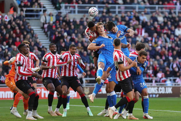 10th October 2026; Stadium of Light, Sunderland, England; Premier League Football, Sunderland versus Brighton and Hove Albion; Luka Vuskovic of Brighton and Hove Albion heads the ball DavexLofthouse