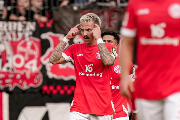 Deutschland: Fussball Saison 2026 2027 , 1. Bundesliga , 5. Spieltag , 1. FSV Mainz 05 vs. Bayer 04 Leverkusen - MEWA-Arena (Mainz) : Phillip Tietz (1. FSV Mainz 05, 9) Mimik, Gesichtsausdruck, Emotion, Geste, Gestik, Emotion Mainz MEWA-Arena Deutschland Germany Copyright: xBennetxLongx