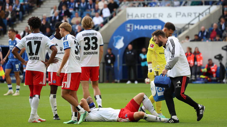 10.10.2026, xrekx, Fussball 1.Bundesliga, TSG 1899 Hoffenheim - Hamburger SV v.l. Nicolai Remberg (Hamburger SV) verletzt, Verletzung, Schmerz, Schmerzen, injured, injury, pain, pains (DFL DFB REGULATIONS PROHIBIT ANY USE OF PHOTOGRAPHS as IMAGE SEQUENCES and or QUASI-VIDEO) Sinsheim