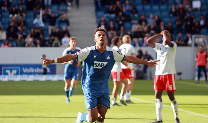 10.10.26 TSG 1899 Hoffenheim - Hamburger SV Deutschland, Sinsheim, 10.10.2026, Fussball, Bundesliga, Saison 2026 2027, TSG 1899 Hoffenheim - Hamburger SV: Bambase Conte (TSG 1899 Hoffenheim); Jubel wegen Foul nicht gegebenes Tor.